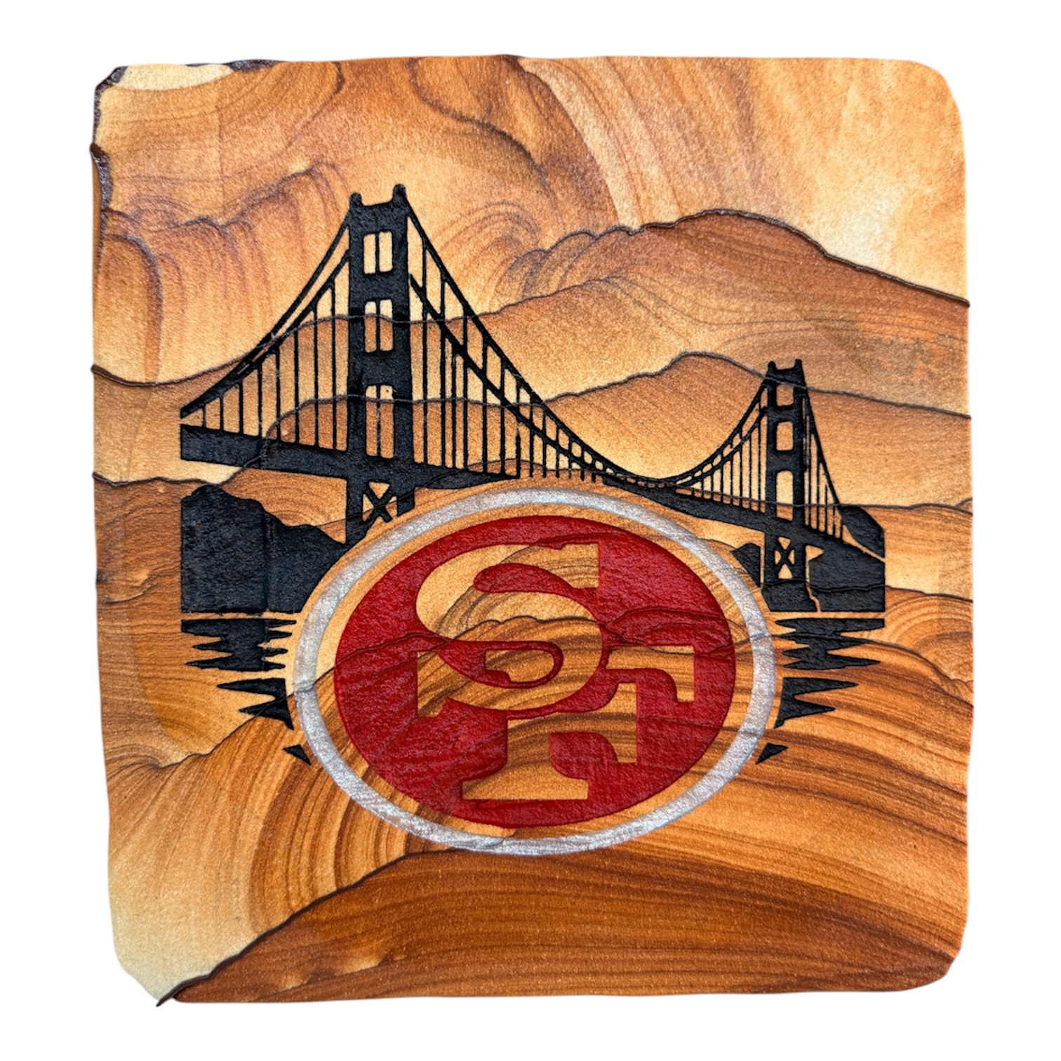 San Francisco 49ers sandstone artwork with a bridge silhouette
