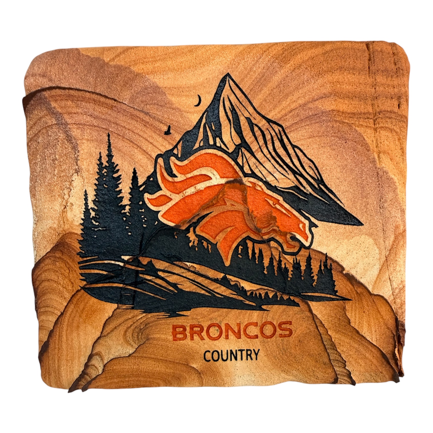 Broncos Country sandstone artwork with mountains and trees