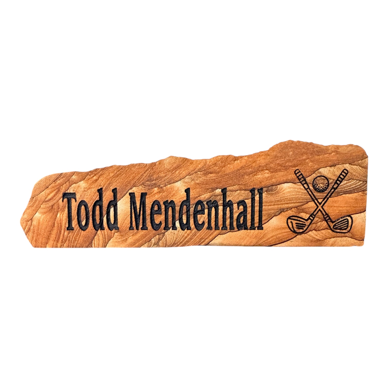 Personalized stone nameplate with Todd Mendenhall lettering and crossed golf clubs