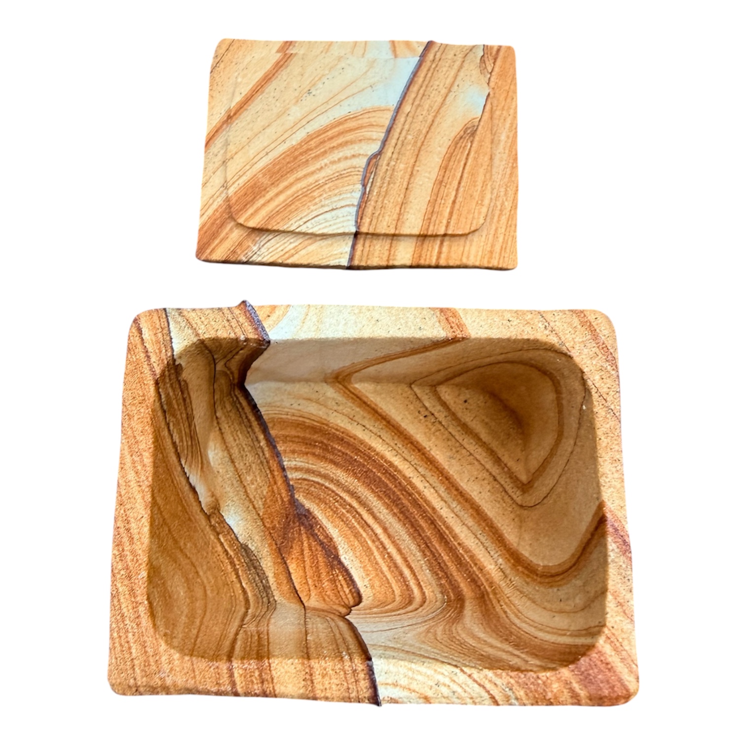 Open sandstone keepsake box with its matching lid