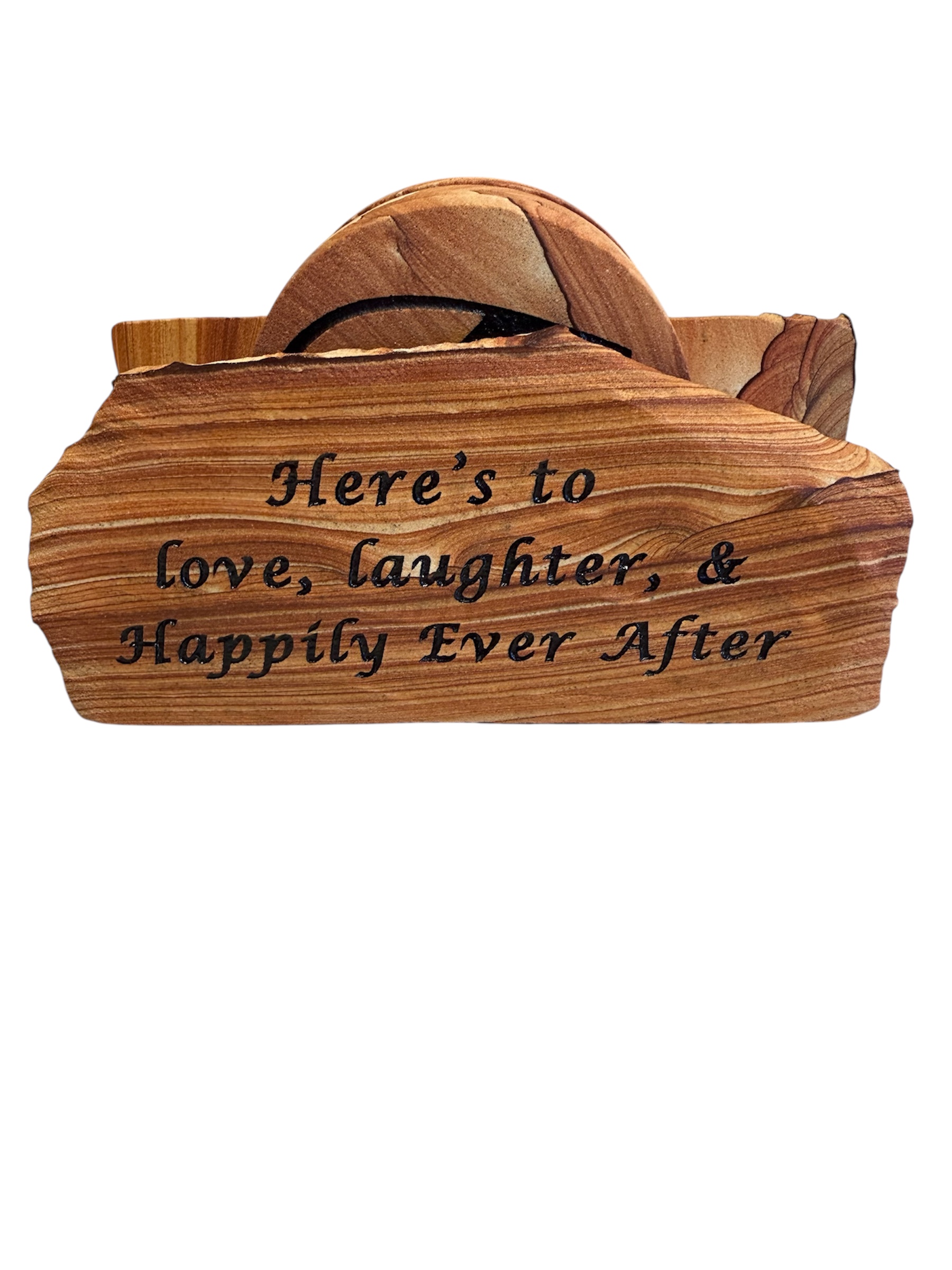 Stone coaster holder engraved with Here's to love, laughter, and Happily Ever After