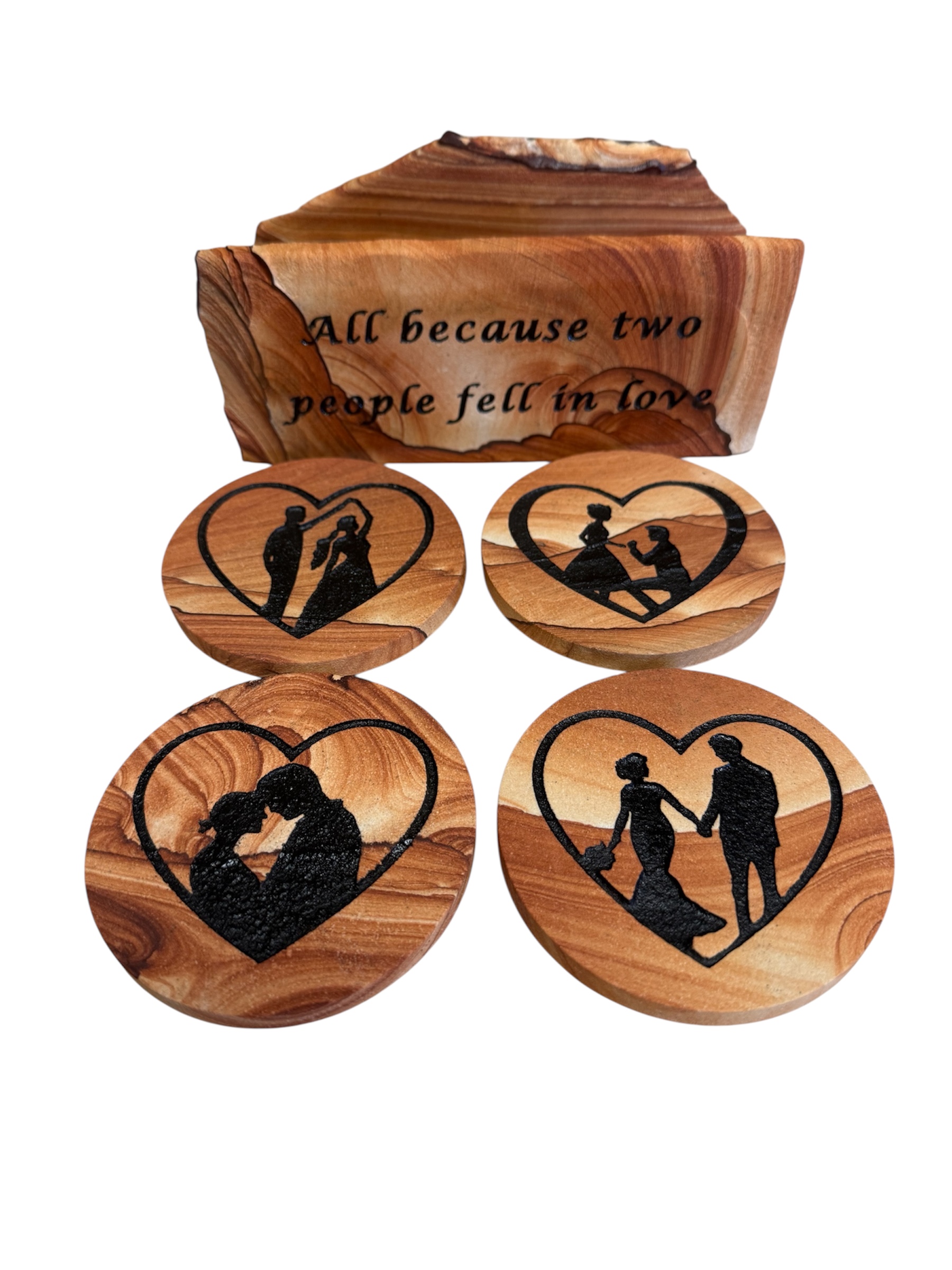 Engraved stone wedding coaster set with romantic silhouettes and a matching holder